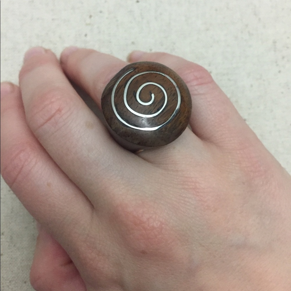 Wood Silver Spiral Celtic Wicca Ring